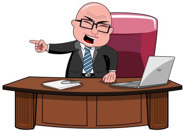 Kızgın kel karikatür işadamı patron çığlık ve izole ofisini mi korkutucu masasında duran