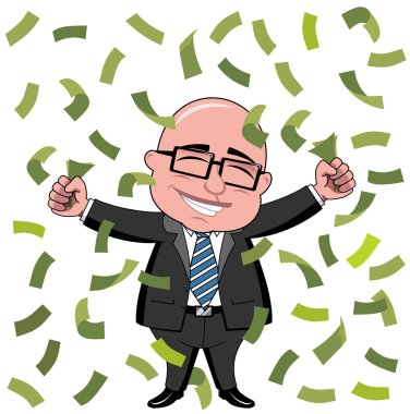 Mutlu para yağmur altında duran kel karikatür işadamı patron izole