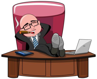 Relaxed bald cartoon businessman boss smoking cigar and legs on the desk isolated clipart