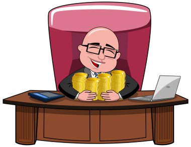 İzole para sarılma masada oturan mutlu kel karikatür işadamı patron