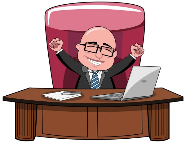 Ευτυχισμένος φαλακρός γελοιογραφία επιχειρηματίας αφεντικό κάθεται στο γραφείο και εξυψωμένοι απομονωμένες — Διανυσματικό Αρχείο
