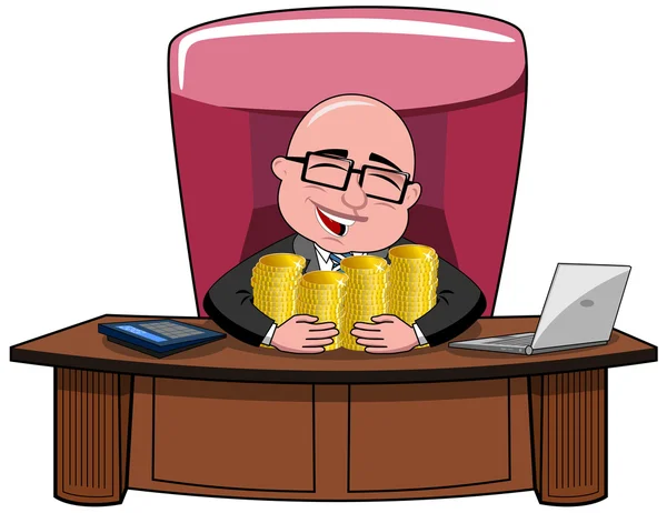 Feliz caricatura careca empresário chefe sentado na mesa abraçando dinheiro isolado — Vetor de Stock