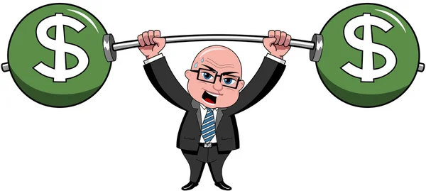 Bald cartoon businessman lifting heavy weights dollars isolated — Stock Vector