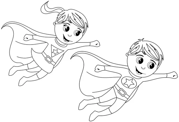 Niño y niña superhéroe niños volando para colorear libro aislado — Vector de stock