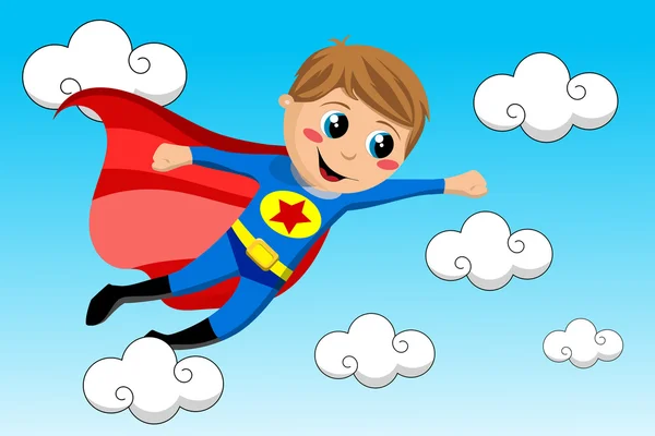 Niño superhéroe volando en el cielo — Vector de stock