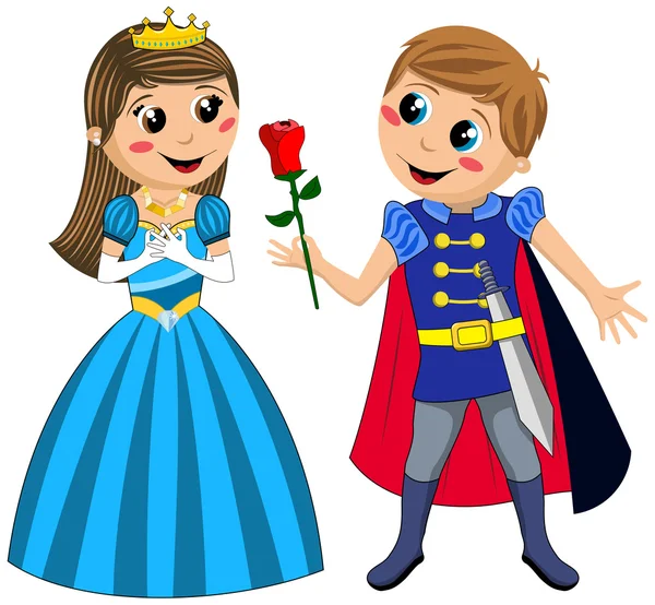 Little knight offering red rose to little princess isolated — Stock Vector