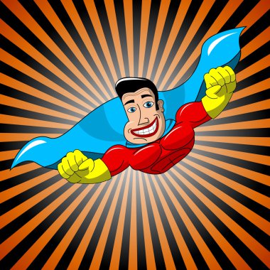 Işınları arka planda uçan gülümseyen çizgi film süper kahraman