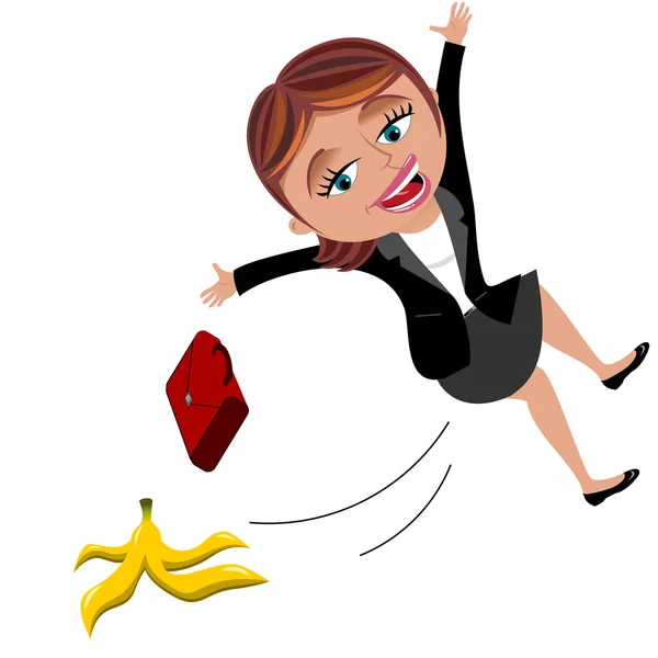 Femme d'affaires glissant sur peau de banane isolé — Image vectorielle