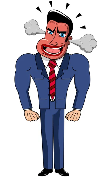 Arrabbiato uomo d'affari cartone animato con viso rosso e fumo dalle orecchie isolate — Vettoriale Stock