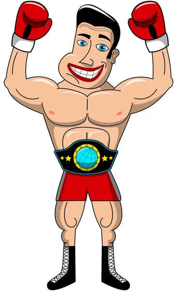 Feliz boxeador de dibujos animados con cinturón de campeonato y guantes de boxeo exultando aislado — Vector de stock