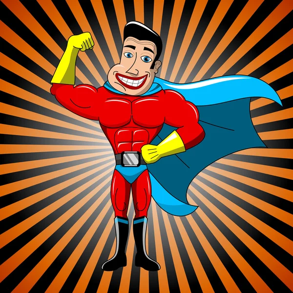 Happy cartoon superhero showing bicep against rays background - Stok Vektor