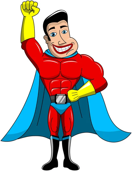 Happy cartoon superhero berdiri dengan mengepalkan tinju terisolasi - Stok Vektor