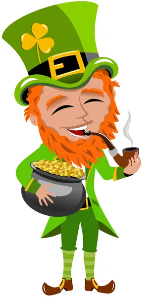 St. Patrick fumar e segurando o lendário pote de ouro isolado —  Vetores de Stock