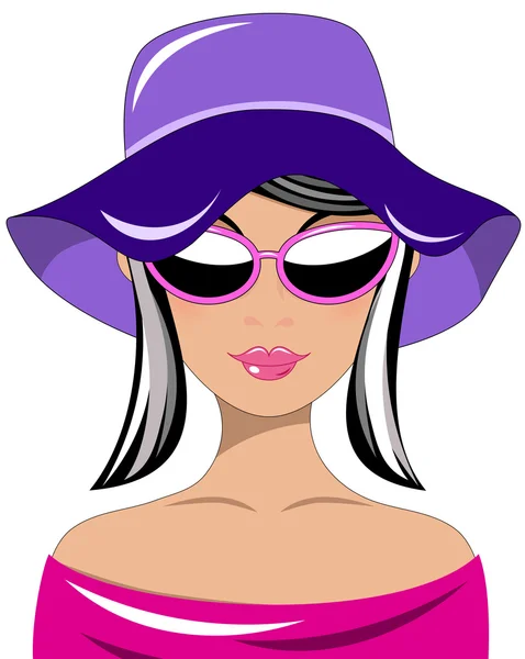 Portréja egy gyönyörű Fekete hajú fiatal divat nő, kalap és napszemüveg — Stock Vector