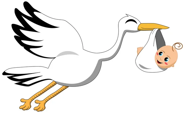 Flying stork delivering baby isolated — Stock Vector