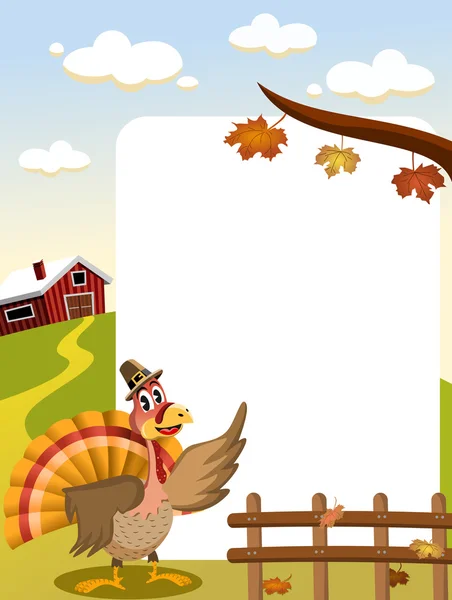 Cartoon thanksgiving kalkoen met pelgrim hoed op platteland toont blanco frame — Stockvector