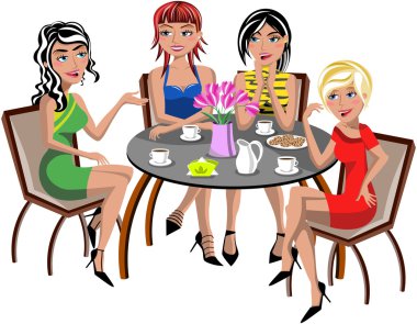 Young beautiful fashion women having coffee and chatting sitting at cafe isolated clipart