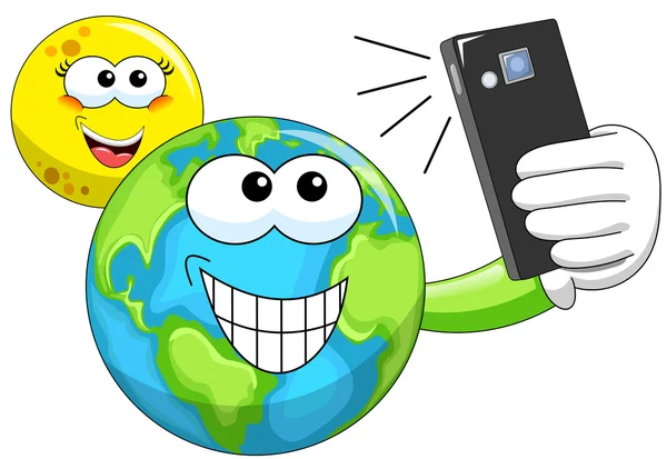 Cartoon månen och jorden tar selfie — Stock vektor