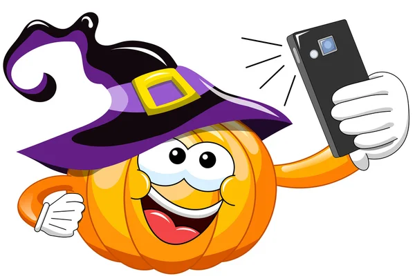 Karikatura halloween dýně selfie smartphone — Stockový vektor