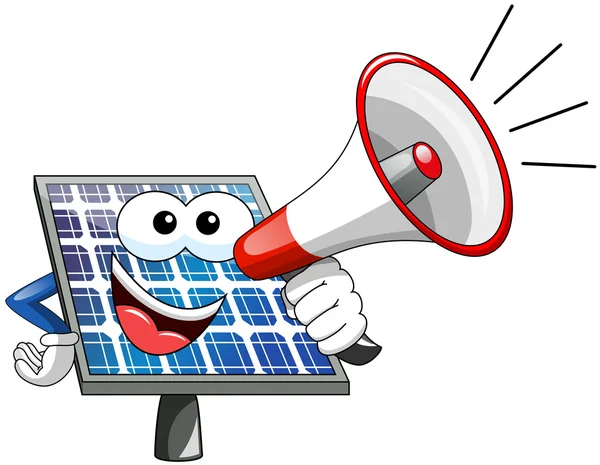 Szczęśliwy panel słoneczny kreskówka mówiąc z megafon — Wektor stockowy