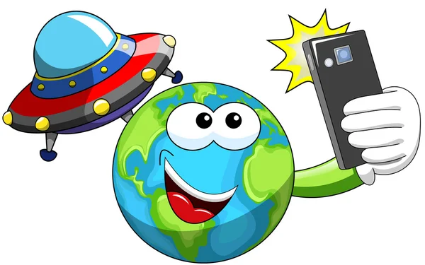 Cartoon Earth selfie alieno ufo astronave — Vettoriale Stock