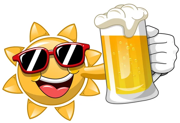 Happy slunce kreslený pití piva, samostatný — Stockový vektor