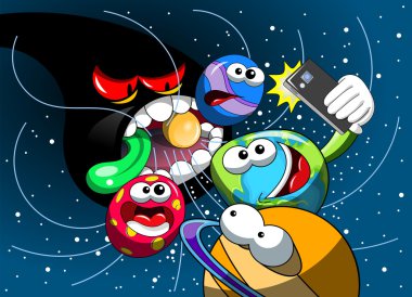Karikatür canavar kara delik evren dünya selfie smartphone yeme
