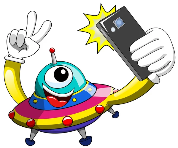 Cartoon Alien Ufo Raumschiff Selfie Smartphone isoliert — Stockvektor