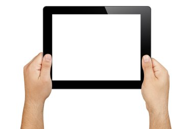 tablet pc kamera doğru görüntülenen boş beyaz ekran ile yatay yönlendirmeli holding eller