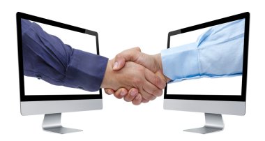 Businessman handshaking coming out from perspective view of computer screens clipart