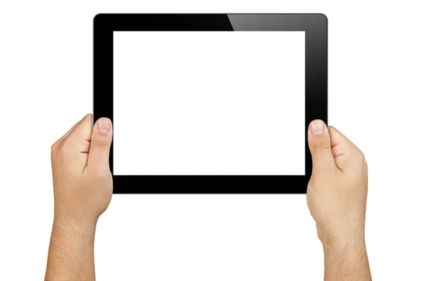 Ręce, trzymając komputer typu tablet w orientacji poziomej z pusty biały ekran wyświetlany w kierunku kamery — Zdjęcie stockowe