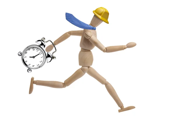 Ahşap işadamı manken yalıtılmış bağbozumu saat alarm tutarak çalışan kask ile — Stok fotoğraf