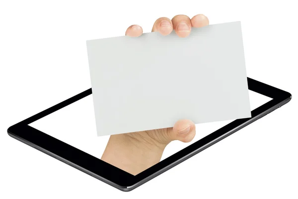Ręka wychodzi puste monitora tabletu gospodarstwa i pokazując duże puste karty — Zdjęcie stockowe