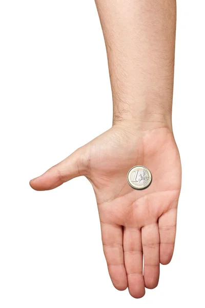 Topview male palm hand holding offering one euro coin isolated — Stock Photo, Image