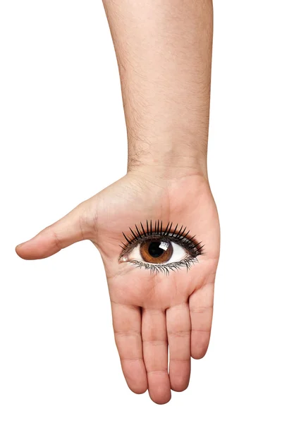 Top view outstretched male arm with female open eye isolated — Stock Photo, Image