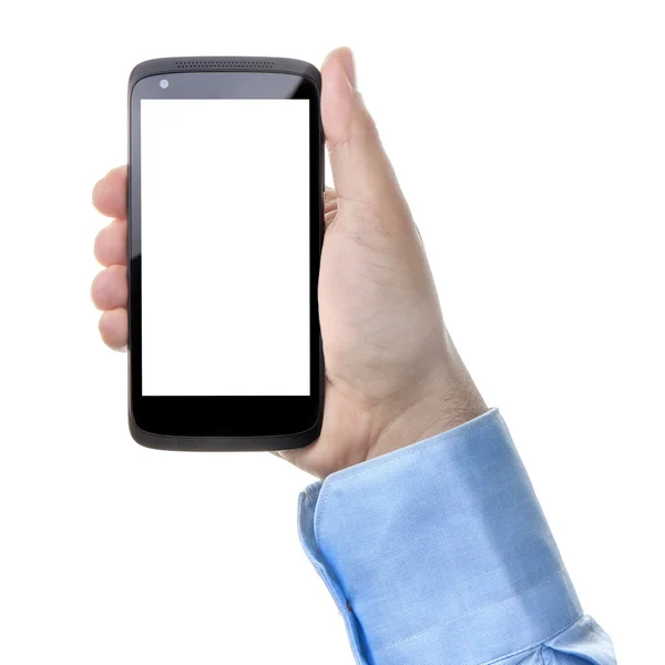 Рука бізнесмена тримає портретну орієнтацію смартфона з порожнім екраном — стокове фото