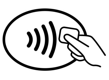 Temassız ödeme ikonu beyaza izole edildi. Kredi kartı işçisi, kablosuz NFC ödeme dalgası ve bağlantısız geçiş kartı logosu. Vektör illüstrasyonu