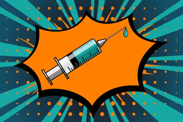 Medische Wegwerpspuit Gevuld Met Vaccin Comic Stijl Geïsoleerde Vector Illustratie — Stockvector