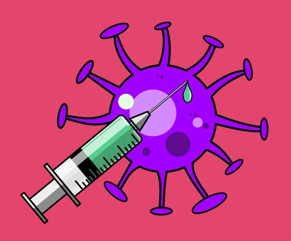 Medische Wegwerpspuit Gevuld Met Vaccin Viruscel Cartoon Stijl Geïsoleerde Vector — Stockvector