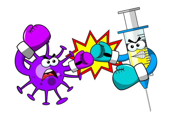 바이러스와 주사기 캐릭터 마스코트는 장갑이 일러스트를 선수처럼 싸우거나 싸우는 것이다 — 스톡 벡터