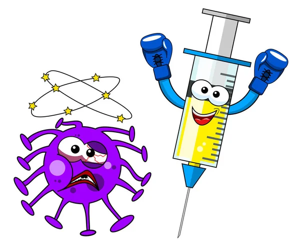 Syringe 캐릭터 선수와 싸우거나 싸우는 마스코트는 장갑을 삽화로 바이러스 세포를 — 스톡 벡터