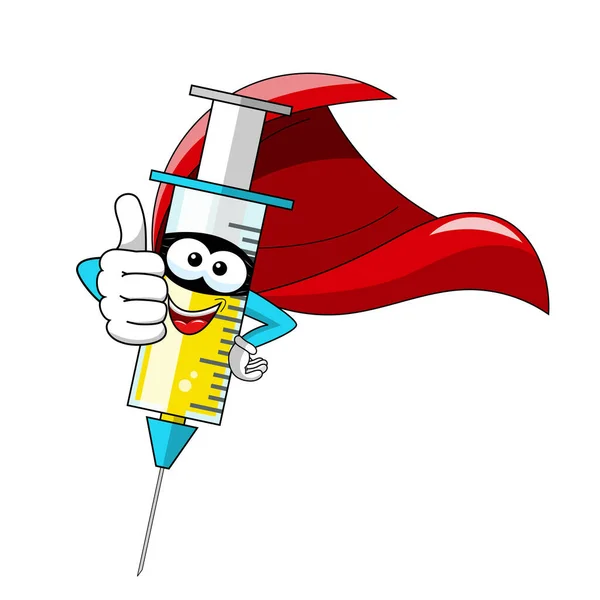 Glimlachende Stripfiguur Mascotte Superheld Medisch Spuit Vaccin Duim Omhoog Vector — Stockvector