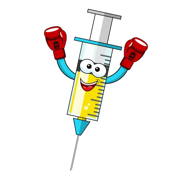 Glimlachende Stripfiguur Mascotte Medische Spuit Vaccin Winnaar Bokser Concept Vector — Stockvector