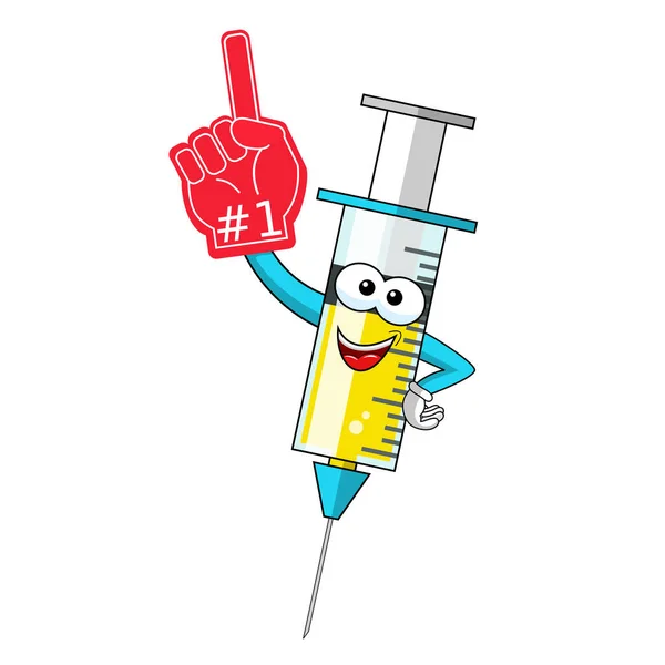 Glimlachende Stripfiguur Mascotte Medische Spuit Vaccin Duim Omhoog Vector Illustratie — Stockvector