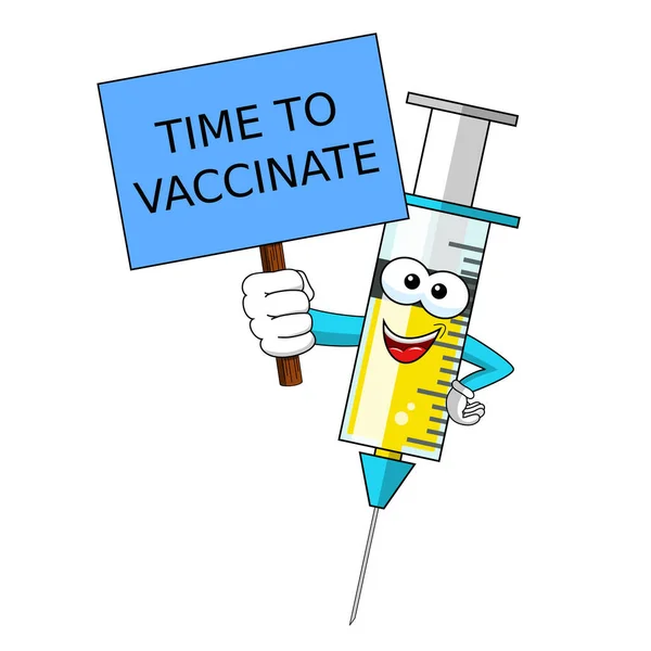 Temps Vacciner Sourire Personnage Dessin Animé Mascotte Seringue Médicale Vaccin — Image vectorielle