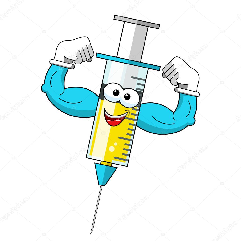 Smiling cartoon character mascot medical syringe vaccine showing biceps strength vector illustration isolated