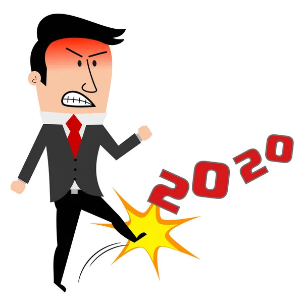 Θυμωμένος Επιχειρηματίας Κινουμένων Σχεδίων Κλοτσιές Έτος 2020 Απομονωμένη Διανυσματική Απεικόνιση — Διανυσματικό Αρχείο