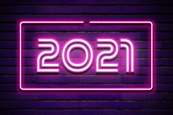 2021 glowing purple neon text on brick wall