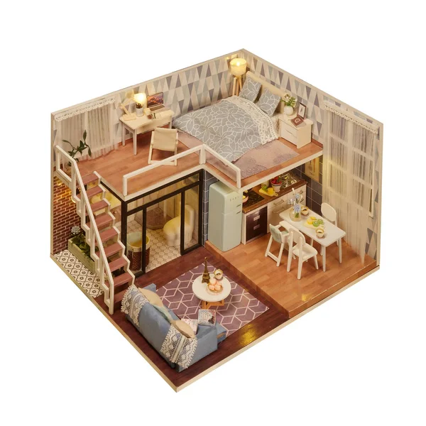 Kır evi iç daire küçük model ev izole edilmiş beyaz arka plan bakış açısı