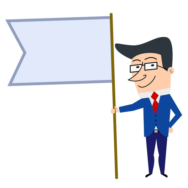 Caricatura Hombre Negocios Sosteniendo Bandera Blanco Vector Aislado — Vector de stock
